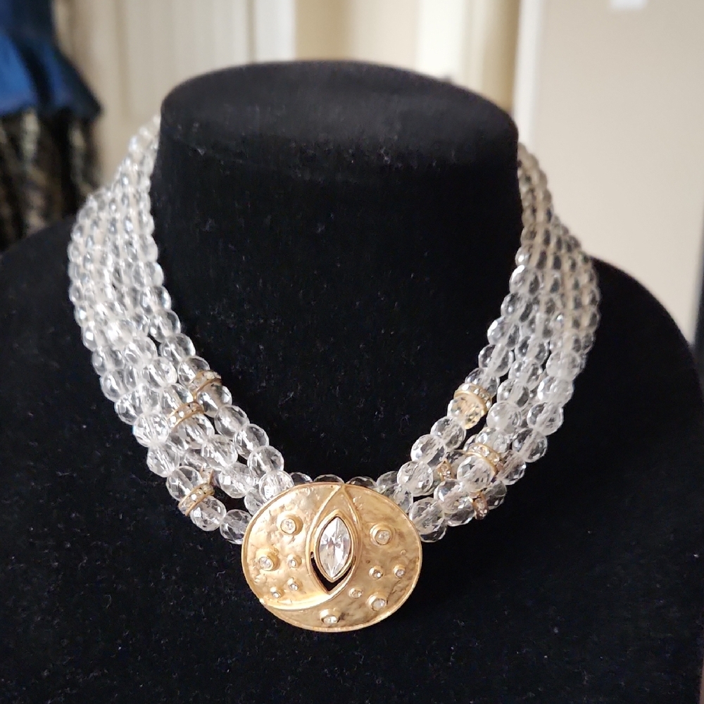 Elegant Crystal & Gold With Rhinestones Beaded Necklace